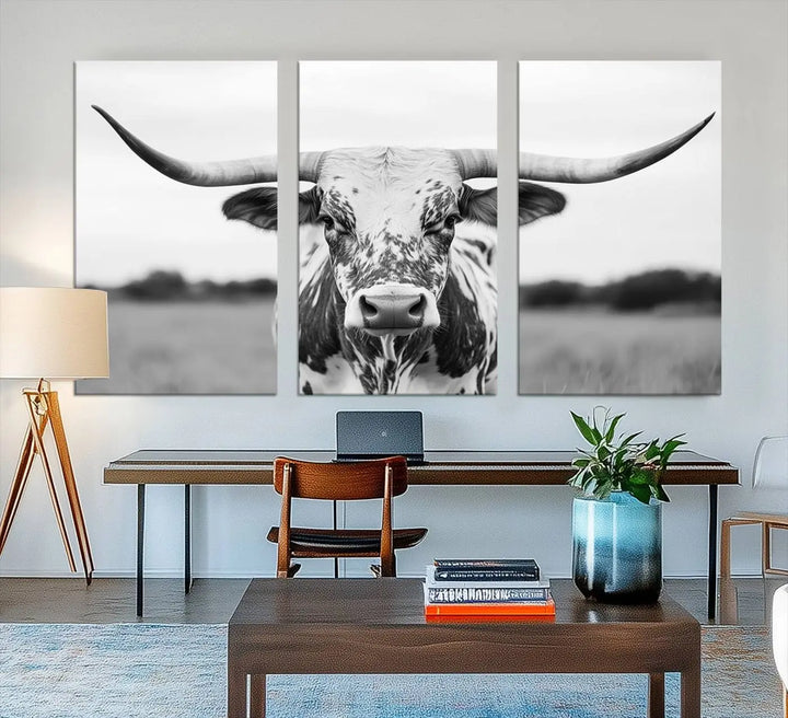 Highland Cow Wall Art - Black and White Western Longhorn Canvas - Farmhouse Living Room Decor - Southwestern Animal Artwork for Home