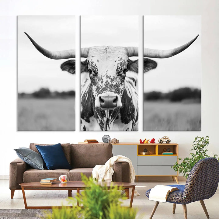 Highland Cow Wall Art - Black and White Western Longhorn Canvas - Farmhouse Living Room Decor - Southwestern Animal Artwork for Home