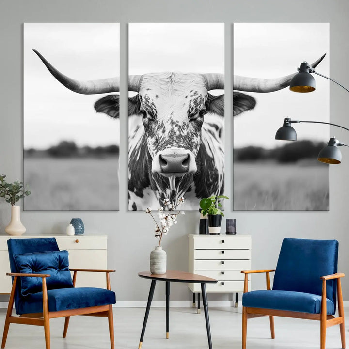 Highland Cow Wall Art - Black and White Western Longhorn Canvas - Farmhouse Living Room Decor - Southwestern Animal Artwork for Home