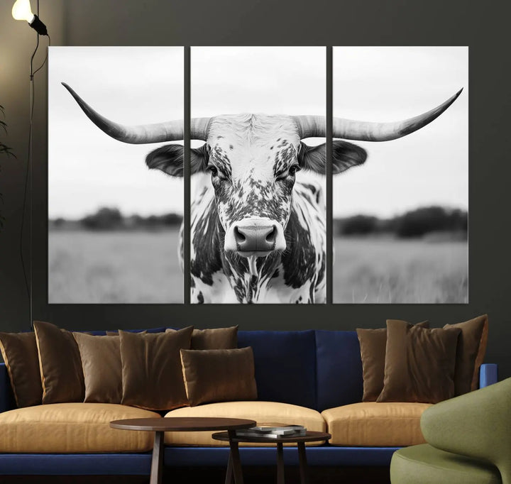 Highland Cow Wall Art - Black and White Western Longhorn Canvas - Farmhouse Living Room Decor - Southwestern Animal Artwork for Home