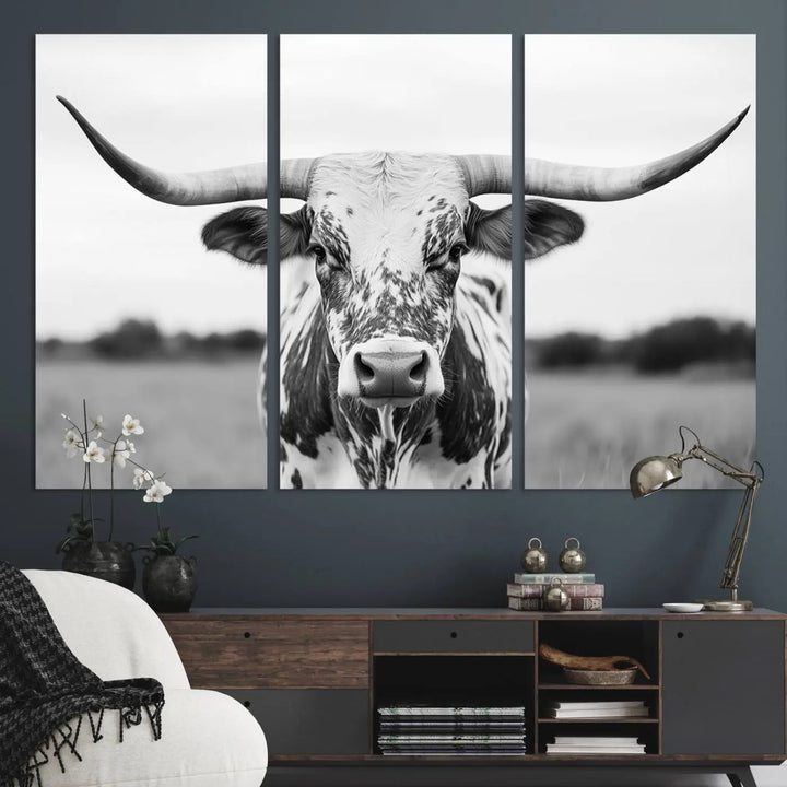 Highland Cow Wall Art - Black and White Western Longhorn Canvas - Farmhouse Living Room Decor - Southwestern Animal Artwork for Home