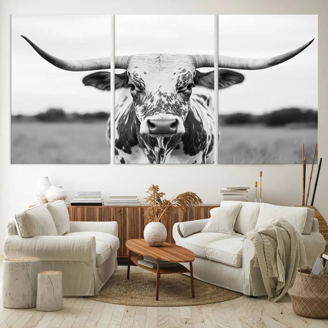 Highland Cow Wall Art - Black and White Western Longhorn Canvas - Farmhouse Living Room Decor - Southwestern Animal Artwork for Home