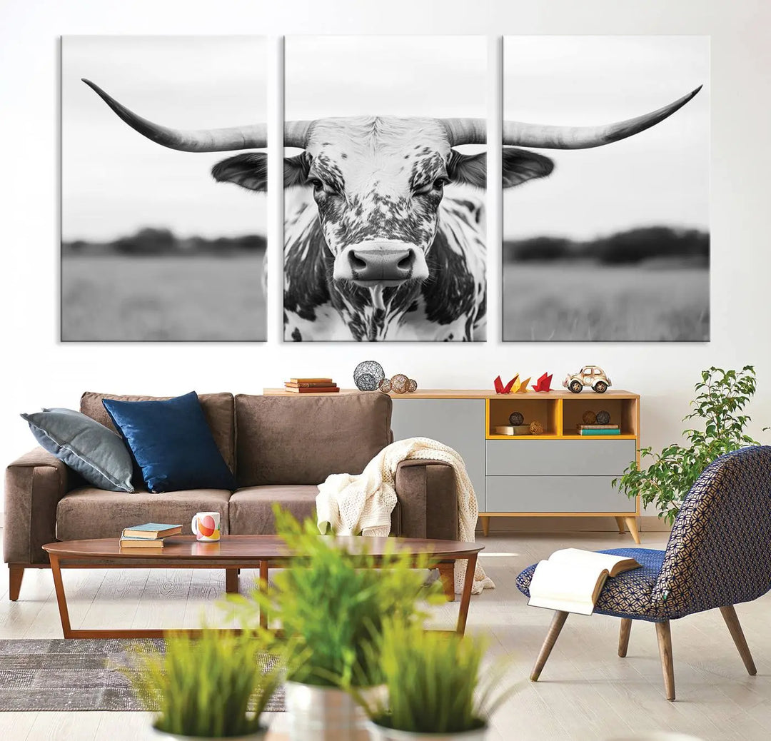 Highland Cow Wall Art - Black and White Western Longhorn Canvas - Farmhouse Living Room Decor - Southwestern Animal Artwork for Home