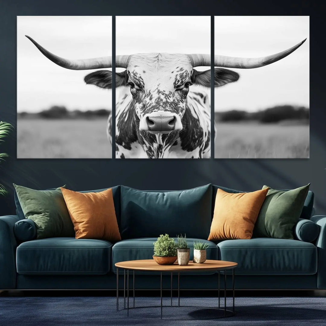 Highland Cow Wall Art - Black and White Western Longhorn Canvas - Farmhouse Living Room Decor - Southwestern Animal Artwork for Home