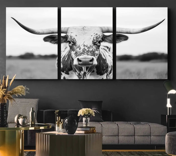 Highland Cow Wall Art - Black and White Western Longhorn Canvas - Farmhouse Living Room Decor - Southwestern Animal Artwork for Home