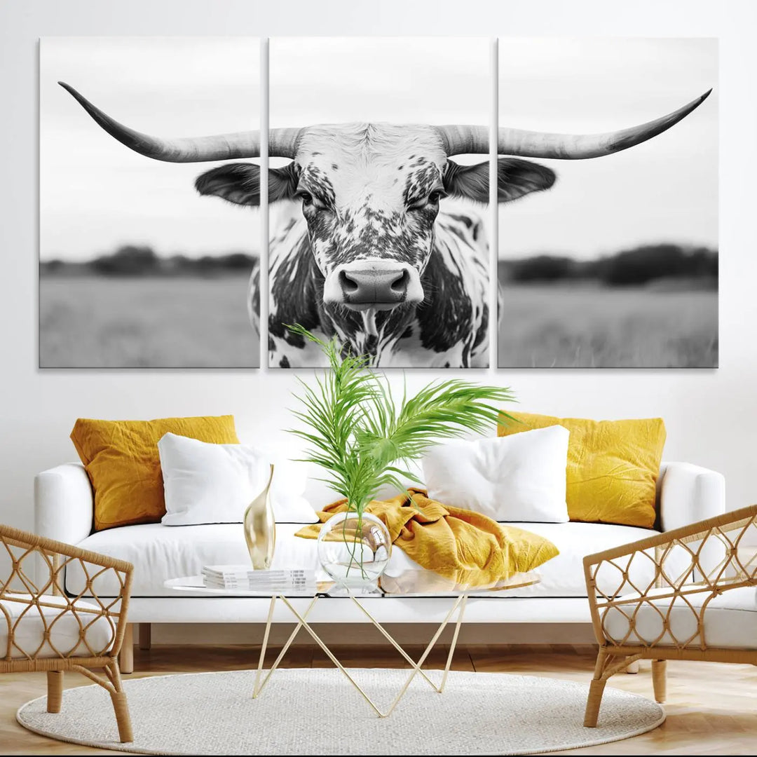 Highland Cow Wall Art - Black and White Western Longhorn Canvas - Farmhouse Living Room Decor - Southwestern Animal Artwork for Home