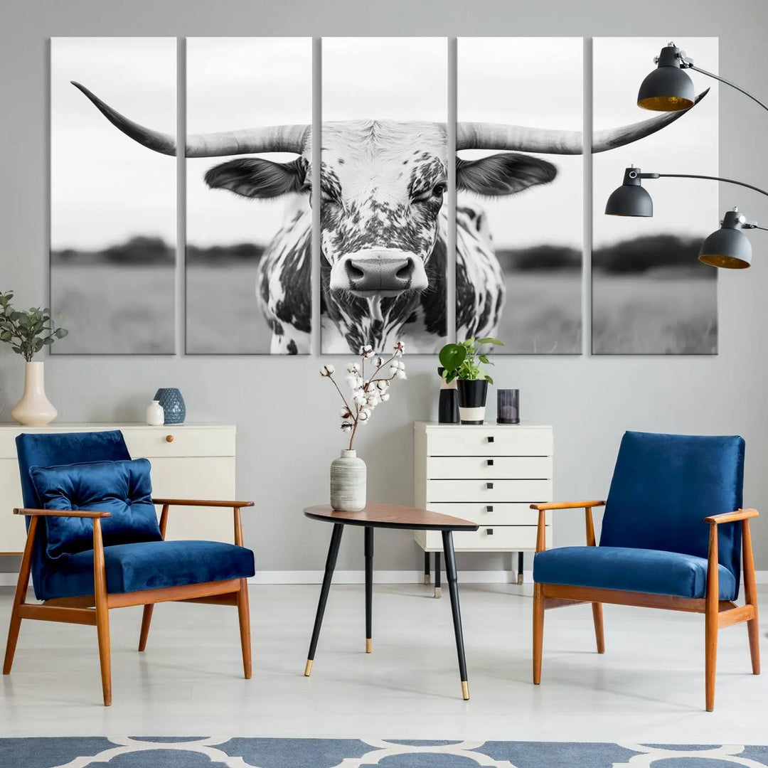 Highland Cow Wall Art - Black and White Western Longhorn Canvas - Farmhouse Living Room Decor - Southwestern Animal Artwork for Home