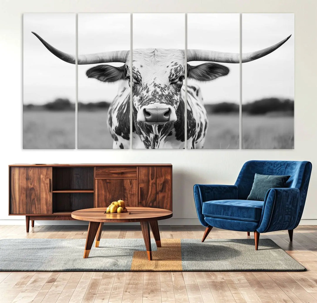 Highland Cow Wall Art - Black and White Western Longhorn Canvas - Farmhouse Living Room Decor - Southwestern Animal Artwork for Home