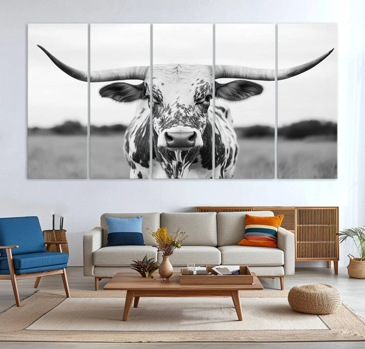 Highland Cow Wall Art - Black and White Western Longhorn Canvas - Farmhouse Living Room Decor - Southwestern Animal Artwork for Home