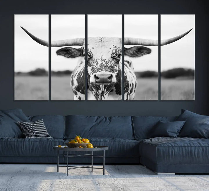 Highland Cow Wall Art - Black and White Western Longhorn Canvas - Farmhouse Living Room Decor - Southwestern Animal Artwork for Home