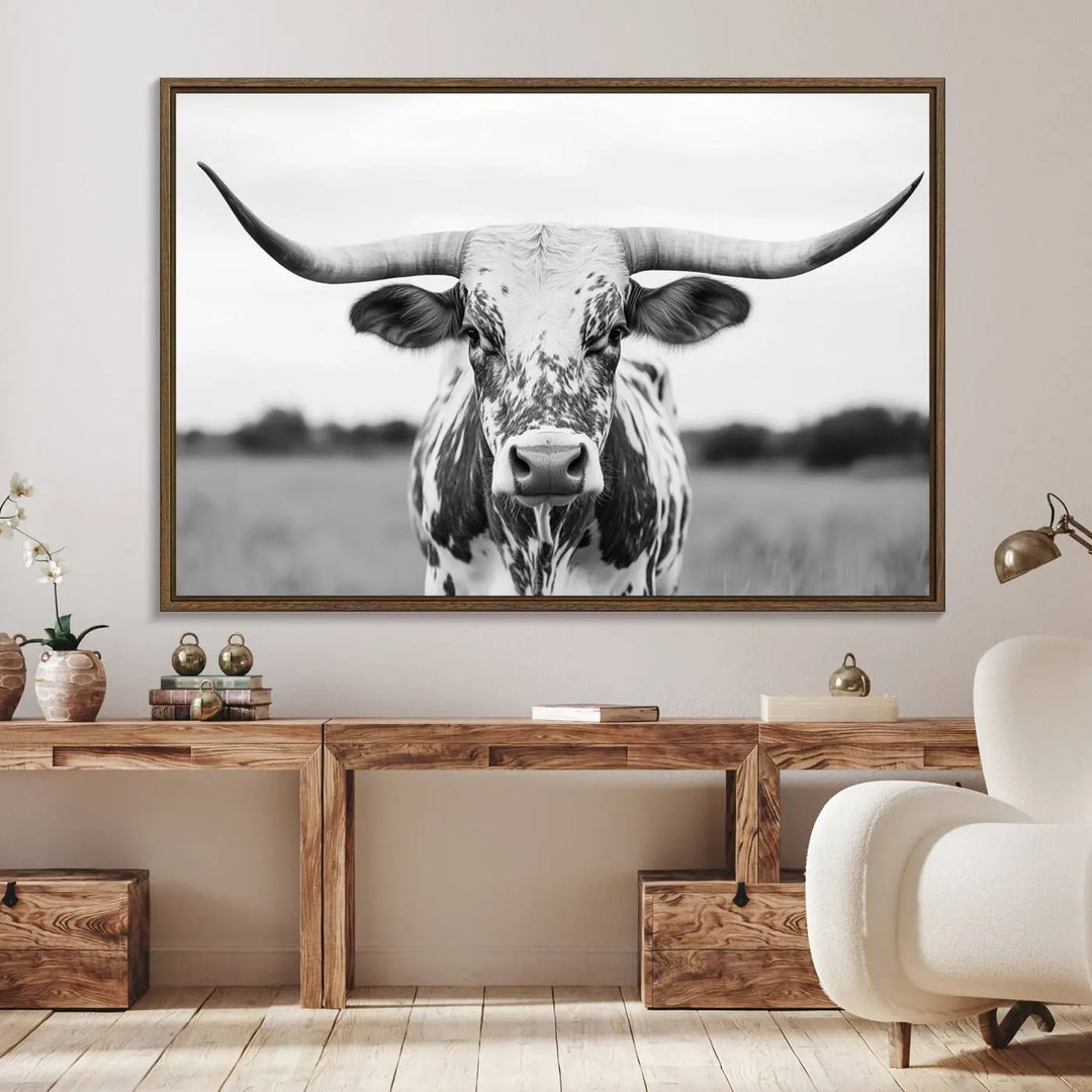 Highland Cow Wall Art - Black and White Western Longhorn Canvas - Farmhouse Living Room Decor - Southwestern Animal Artwork for Home