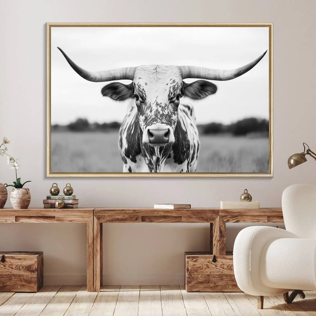 Highland Cow Wall Art - Black and White Western Longhorn Canvas - Farmhouse Living Room Decor - Southwestern Animal Artwork for Home