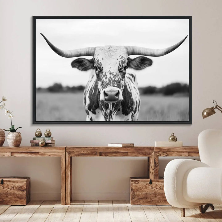 Highland Cow Wall Art - Black and White Western Longhorn Canvas - Farmhouse Living Room Decor - Southwestern Animal Artwork for Home