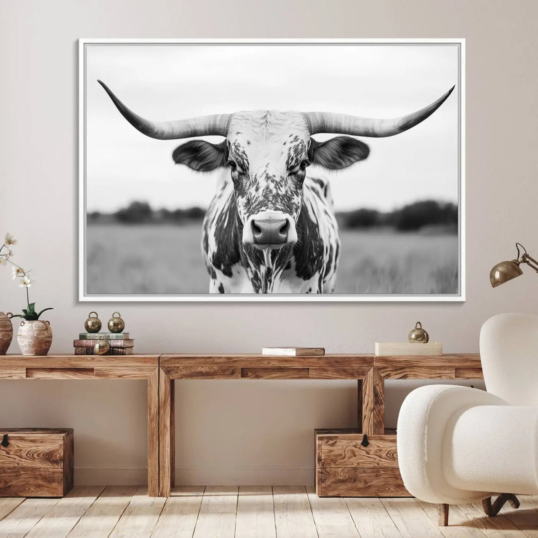 Highland Cow Wall Art - Black and White Western Longhorn Canvas - Farmhouse Living Room Decor - Southwestern Animal Artwork for Home