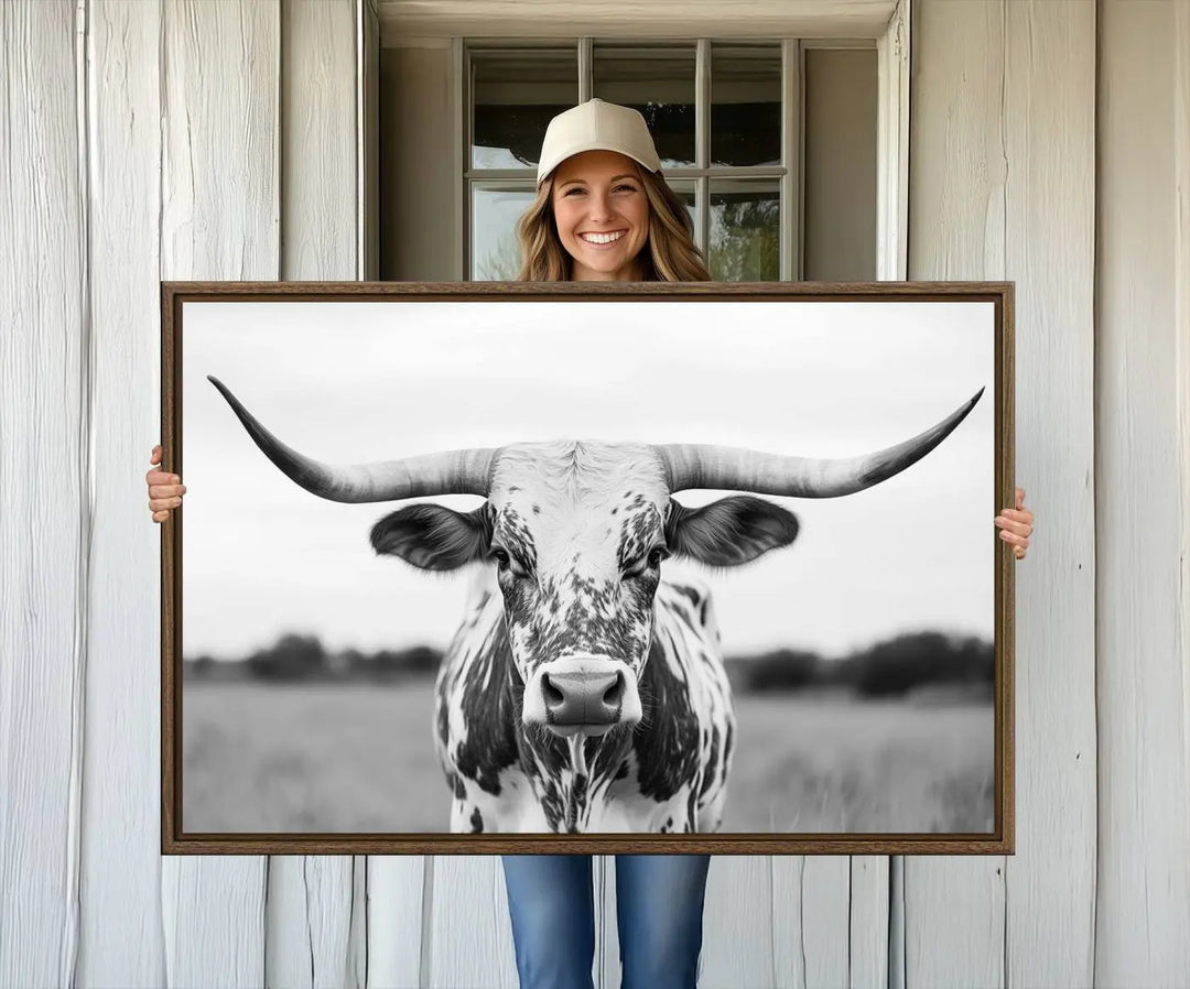 Highland Cow Wall Art - Black and White Western Longhorn Canvas - Farmhouse Living Room Decor - Southwestern Animal Artwork for Home