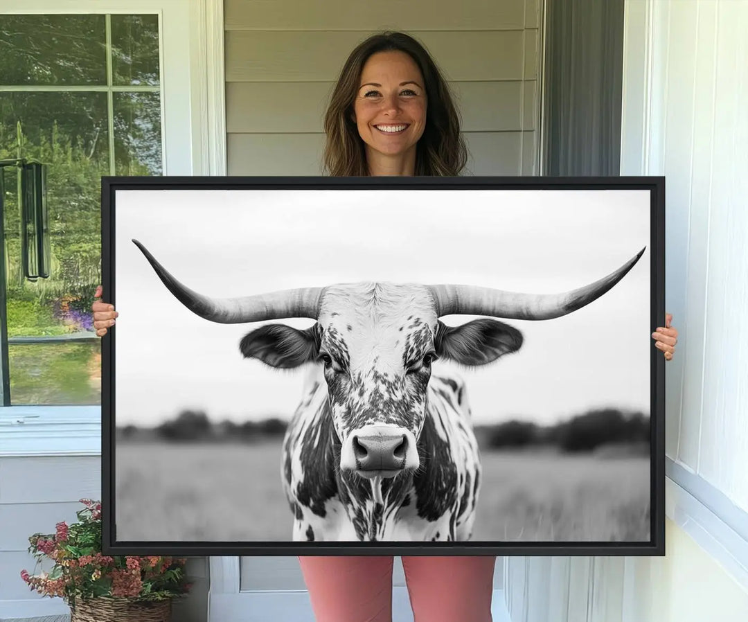 Highland Cow Wall Art - Black and White Western Longhorn Canvas - Farmhouse Living Room Decor - Southwestern Animal Artwork for Home