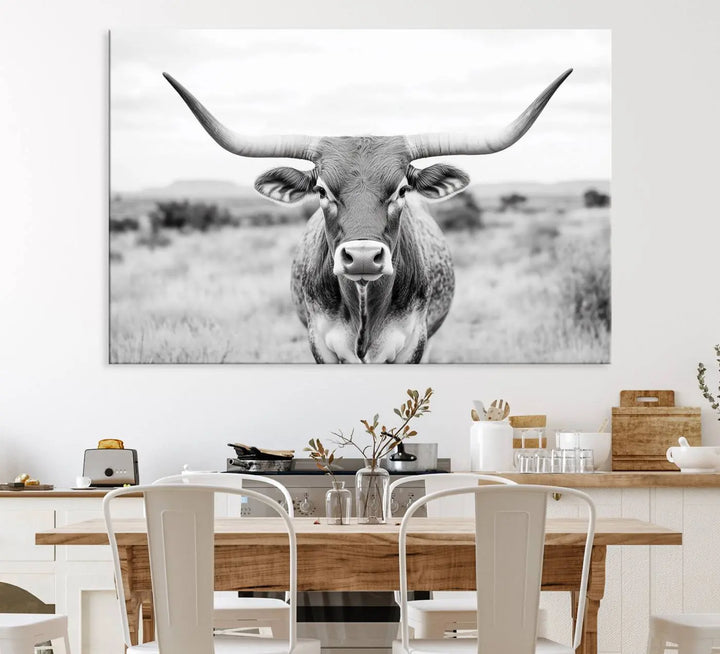 Highland Cow Wall Art Print - Black and White Texas Western Longhorn Canvas - Farmhouse Decor Print - Southwestern Animal Artwork for Home