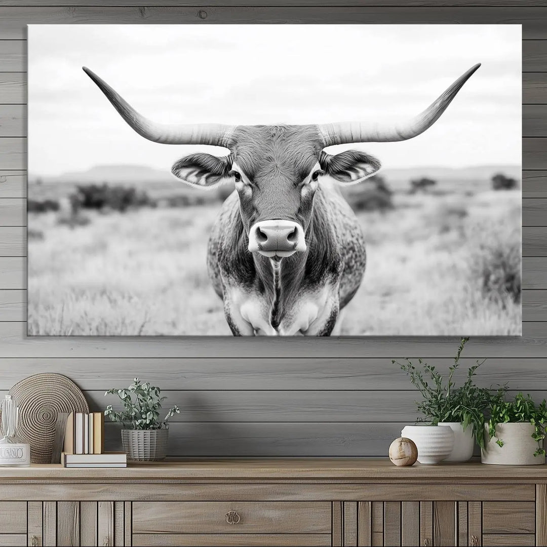 Highland Cow Wall Art Print - Black and White Texas Western Longhorn Canvas - Farmhouse Decor Print - Southwestern Animal Artwork for Home