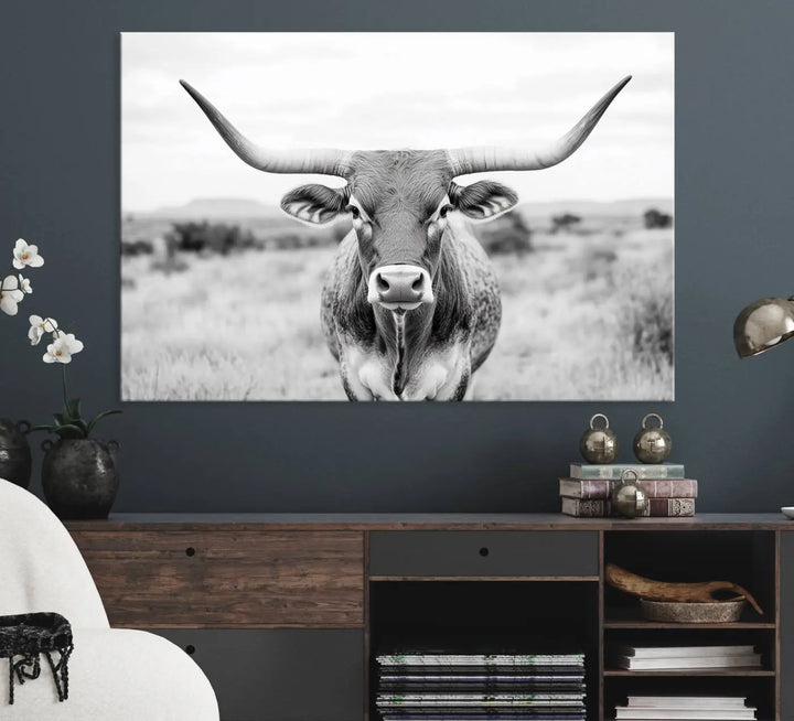 Highland Cow Wall Art Print - Black and White Texas Western Longhorn Canvas - Farmhouse Decor Print - Southwestern Animal Artwork for Home