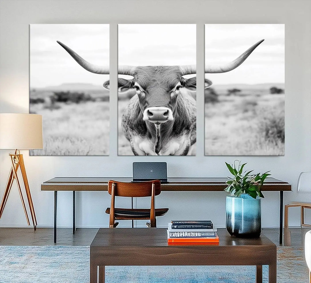 Highland Cow Wall Art Print - Black and White Texas Western Longhorn Canvas - Farmhouse Decor Print - Southwestern Animal Artwork for Home