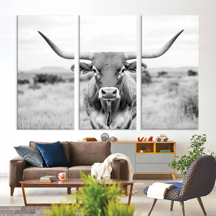 Highland Cow Wall Art Print - Black and White Texas Western Longhorn Canvas - Farmhouse Decor Print - Southwestern Animal Artwork for Home