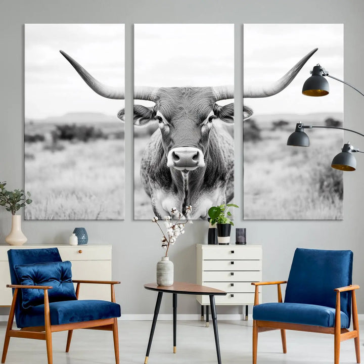 Highland Cow Wall Art Print - Black and White Texas Western Longhorn Canvas - Farmhouse Decor Print - Southwestern Animal Artwork for Home