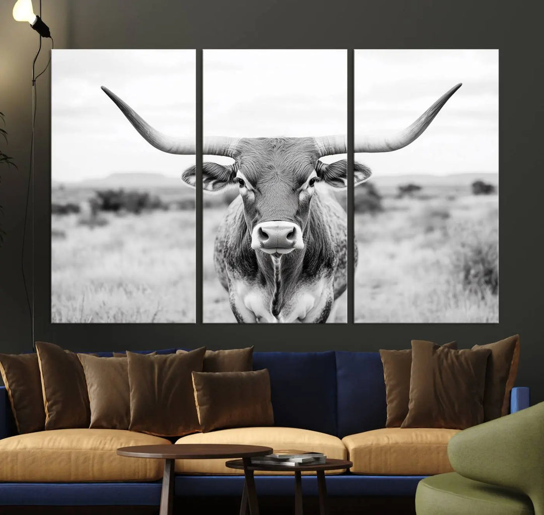 Highland Cow Wall Art Print - Black and White Texas Western Longhorn Canvas - Farmhouse Decor Print - Southwestern Animal Artwork for Home