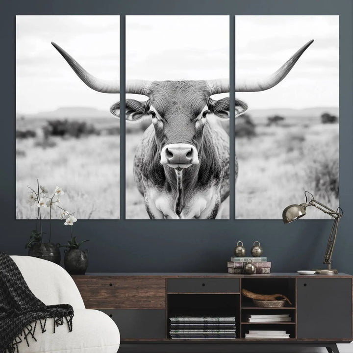 Highland Cow Wall Art Print - Black and White Texas Western Longhorn Canvas - Farmhouse Decor Print - Southwestern Animal Artwork for Home