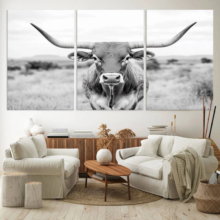 Highland Cow Wall Art Print - Black and White Texas Western Longhorn Canvas - Farmhouse Decor Print - Southwestern Animal Artwork for Home