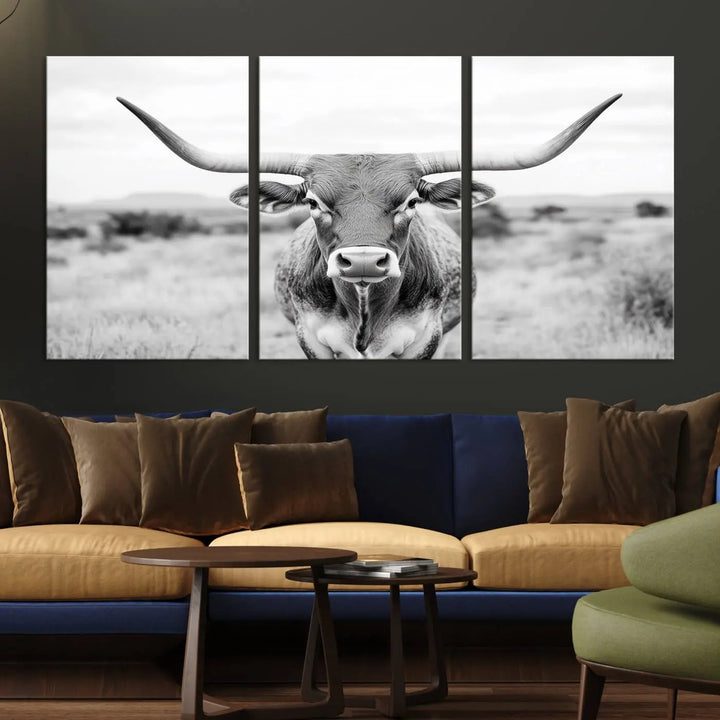 Highland Cow Wall Art Print - Black and White Texas Western Longhorn Canvas - Farmhouse Decor Print - Southwestern Animal Artwork for Home