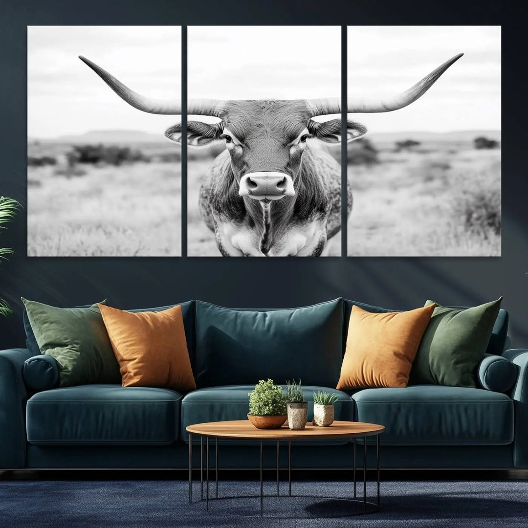 Highland Cow Wall Art Print - Black and White Texas Western Longhorn Canvas - Farmhouse Decor Print - Southwestern Animal Artwork for Home