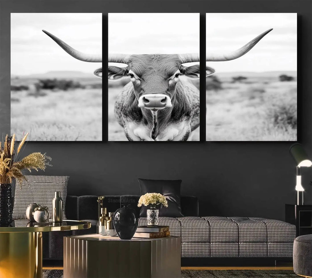 Highland Cow Wall Art Print - Black and White Texas Western Longhorn Canvas - Farmhouse Decor Print - Southwestern Animal Artwork for Home