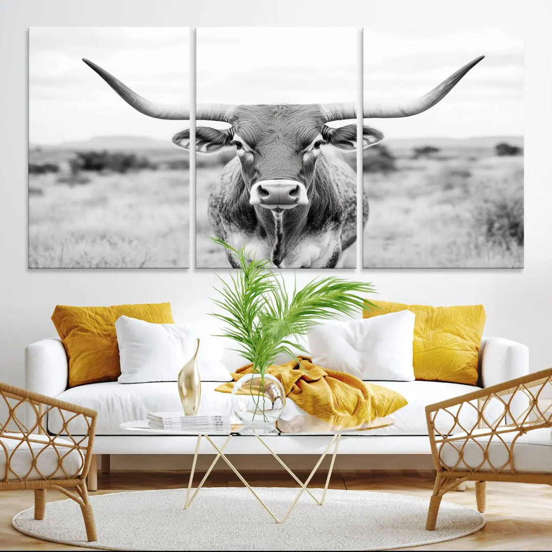 Highland Cow Wall Art Print - Black and White Texas Western Longhorn Canvas - Farmhouse Decor Print - Southwestern Animal Artwork for Home