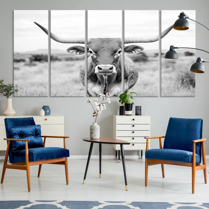 Highland Cow Wall Art Print - Black and White Texas Western Longhorn Canvas - Farmhouse Decor Print - Southwestern Animal Artwork for Home