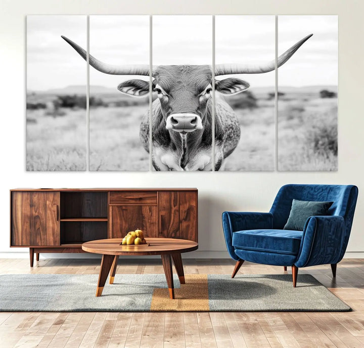 Highland Cow Wall Art Print - Black and White Texas Western Longhorn Canvas - Farmhouse Decor Print - Southwestern Animal Artwork for Home