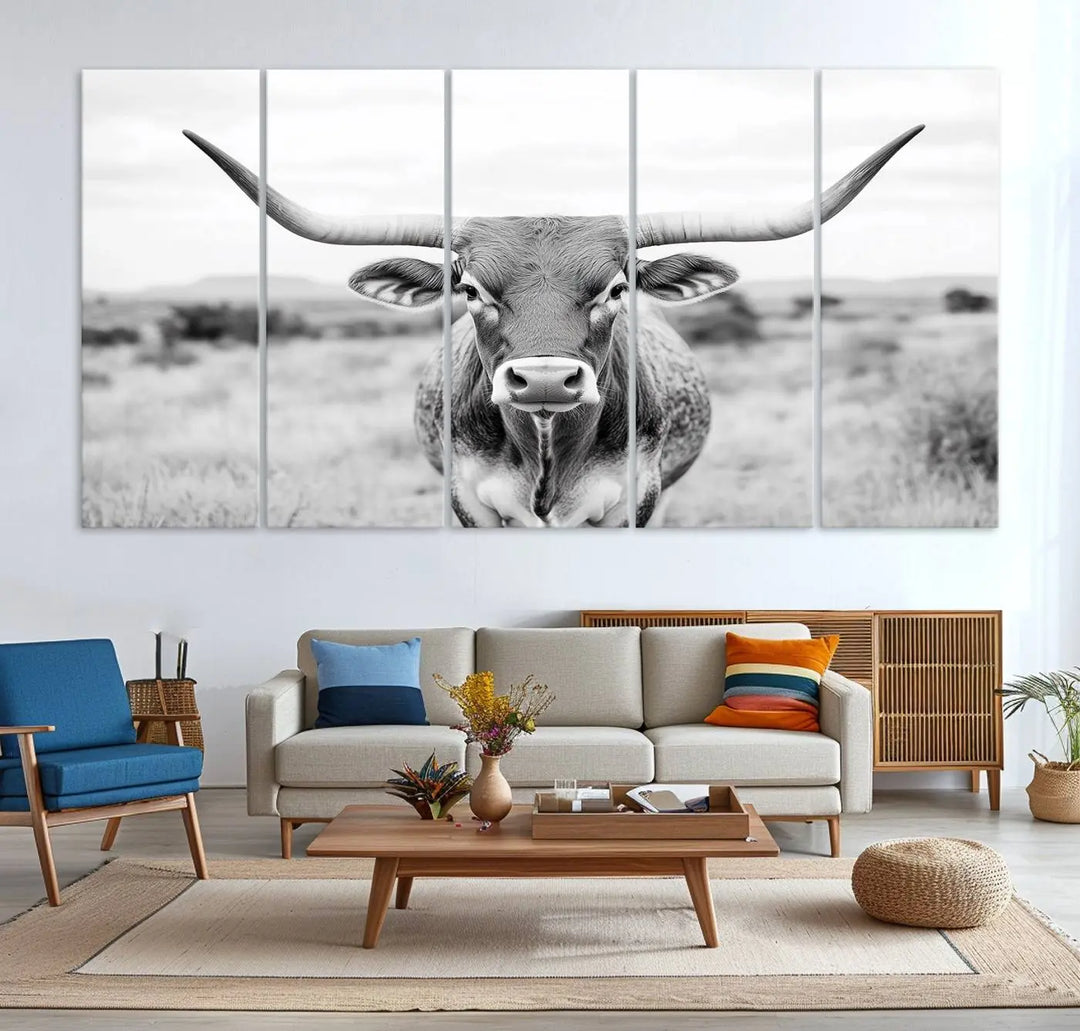 Highland Cow Wall Art Print - Black and White Texas Western Longhorn Canvas - Farmhouse Decor Print - Southwestern Animal Artwork for Home