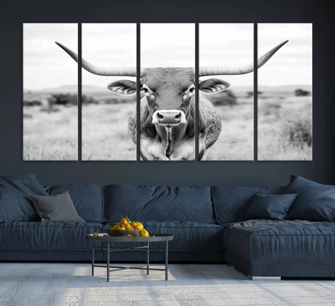 Highland Cow Wall Art Print - Black and White Texas Western Longhorn Canvas - Farmhouse Decor Print - Southwestern Animal Artwork for Home