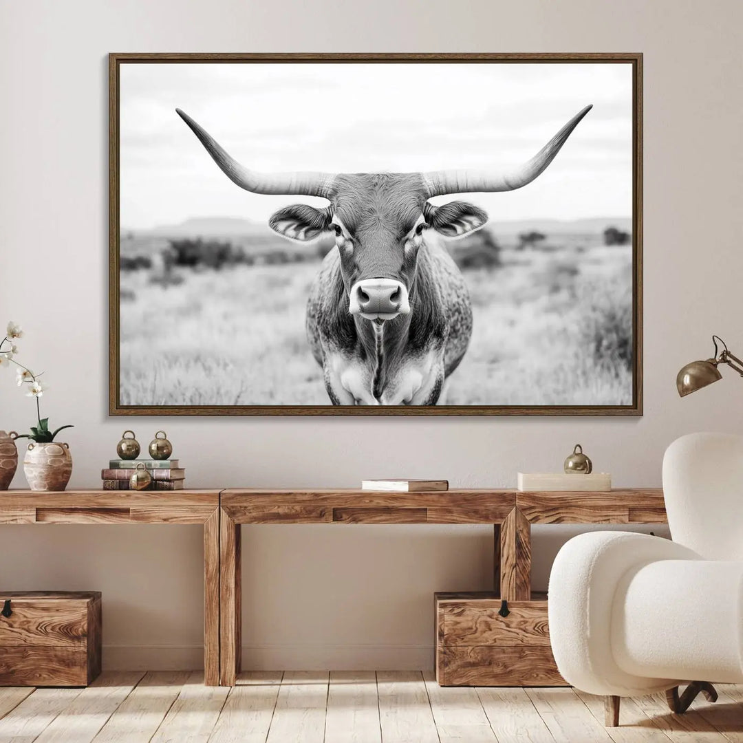 Highland Cow Wall Art Print - Black and White Texas Western Longhorn Canvas - Farmhouse Decor Print - Southwestern Animal Artwork for Home