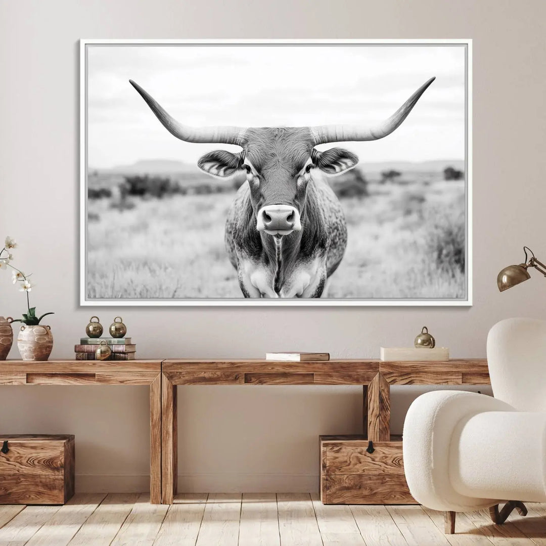 Highland Cow Wall Art Print - Black and White Texas Western Longhorn Canvas - Farmhouse Decor Print - Southwestern Animal Artwork for Home