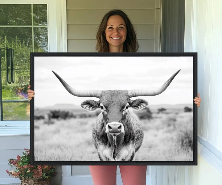 Highland Cow Wall Art Print - Black and White Texas Western Longhorn Canvas - Farmhouse Decor Print - Southwestern Animal Artwork for Home