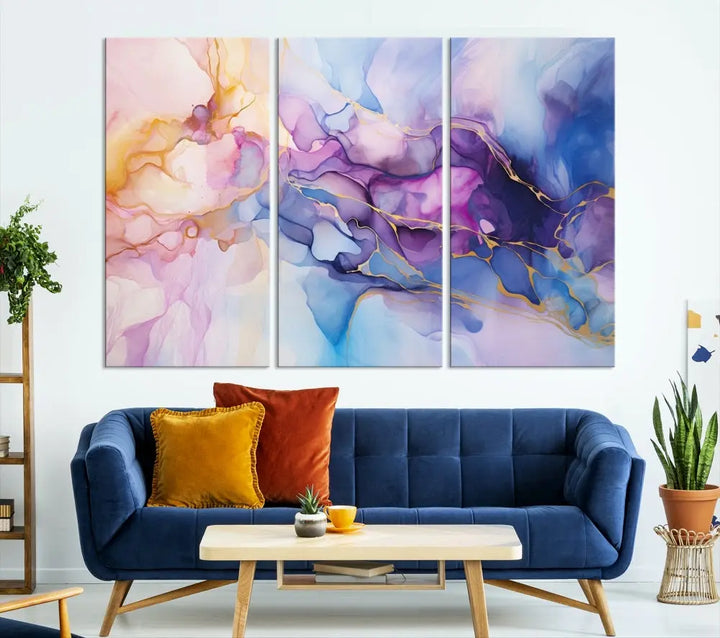 Ink Painting Glass Wall Art, Large Abstract Canvas Print, Marble Wall Painting, Blue Purple Wall Decor