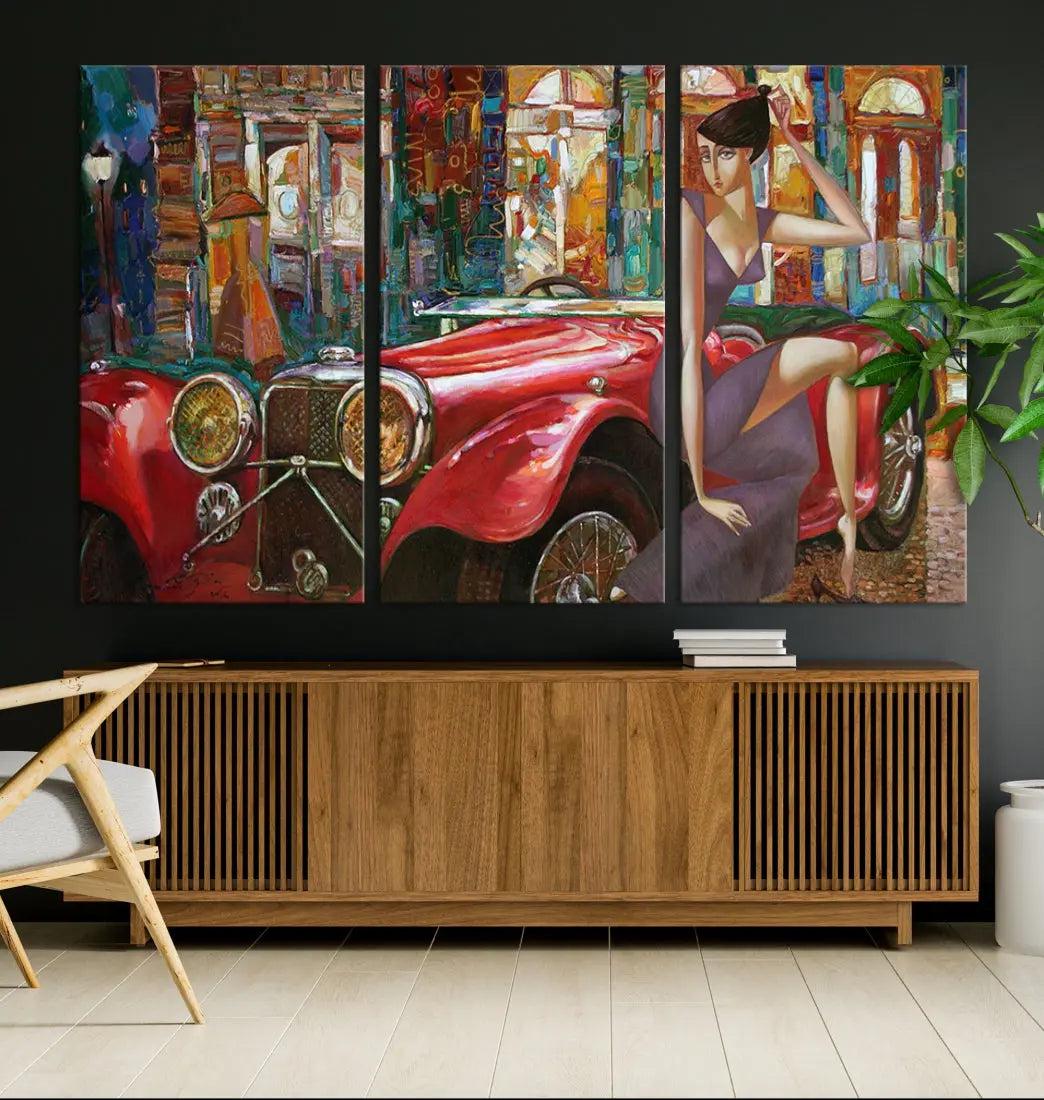 Lady With a Red Old Antique Car Jalopy Wall Art Canvas Print