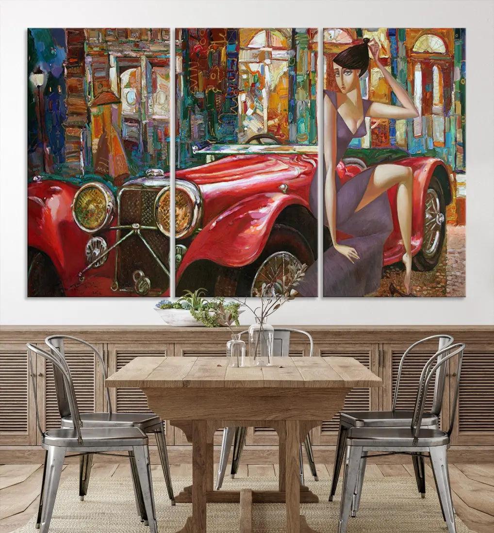 Lady With a Red Old Antique Car Jalopy Wall Art Canvas Print