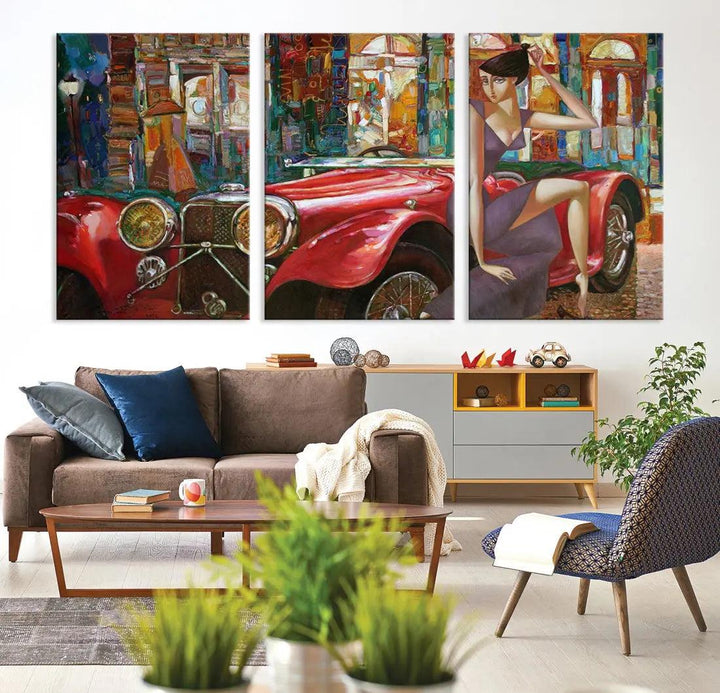 Lady With a Red Old Antique Car Jalopy Wall Art Canvas Print