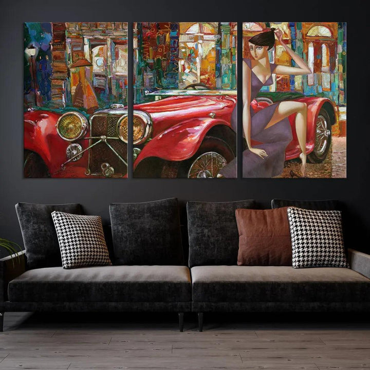 Lady With a Red Old Antique Car Jalopy Wall Art Canvas Print