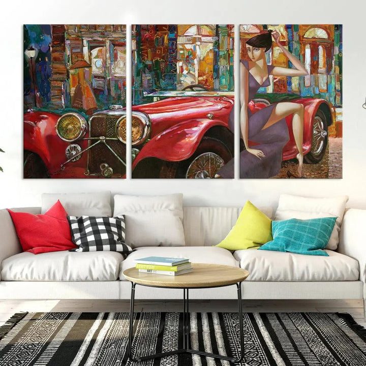 Lady With a Red Old Antique Car Jalopy Wall Art Canvas Print