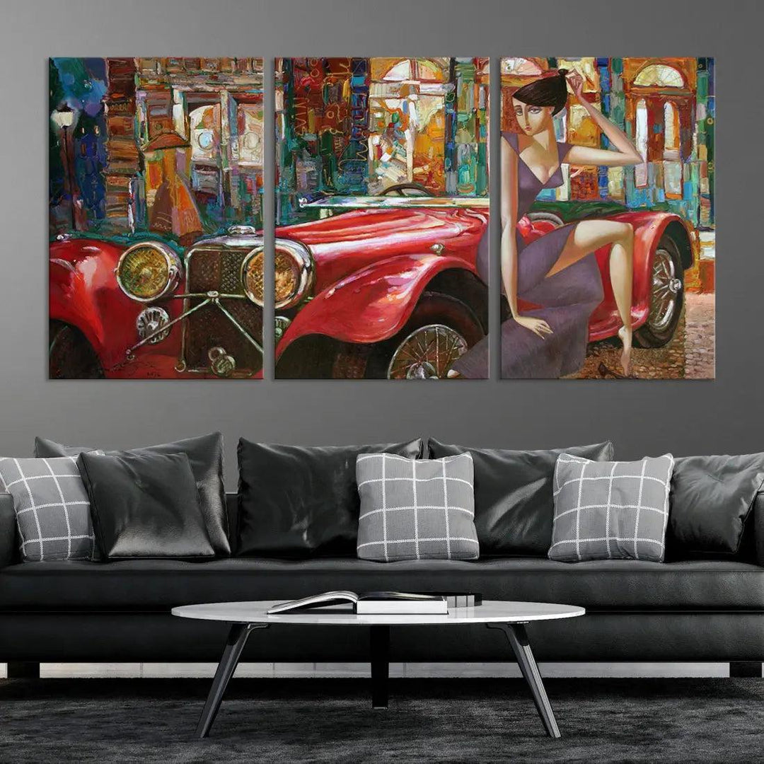 Lady With a Red Old Antique Car Jalopy Wall Art Canvas Print