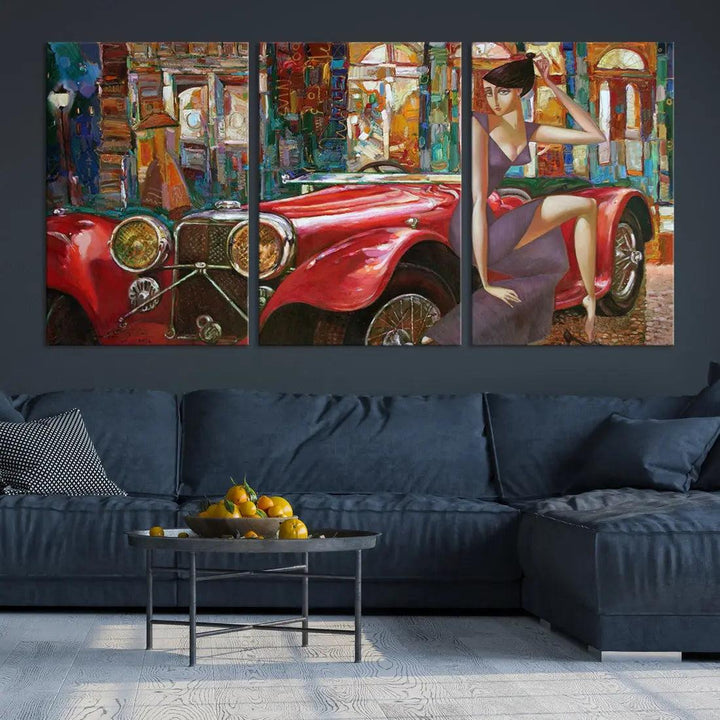 Lady With a Red Old Antique Car Jalopy Wall Art Canvas Print