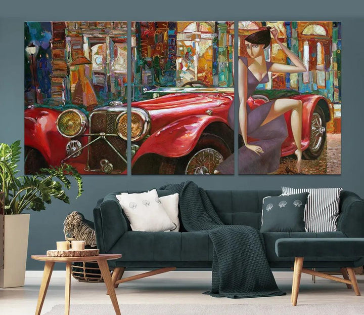 Lady With a Red Old Antique Car Jalopy Wall Art Canvas Print