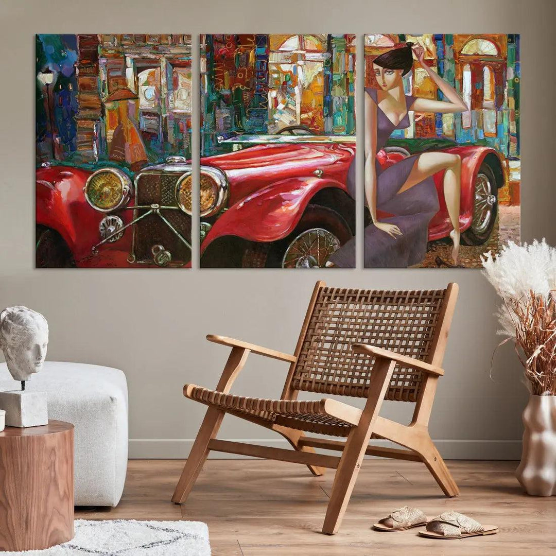 Lady With a Red Old Antique Car Jalopy Wall Art Canvas Print